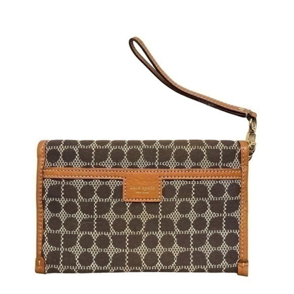 Kate spade brown signature spade canvas and leather wristlet clutch bag